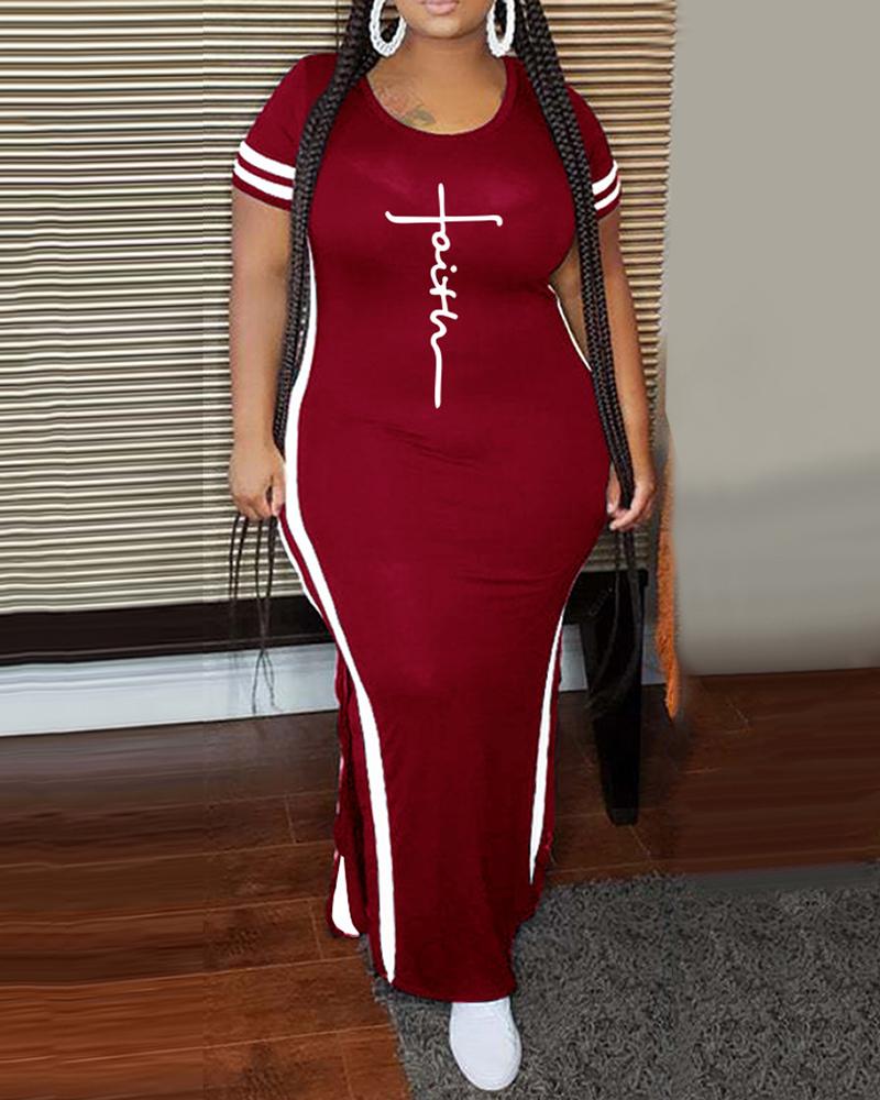 

Plus Size Striped Letter Print Slit Casual Dress, Wine red