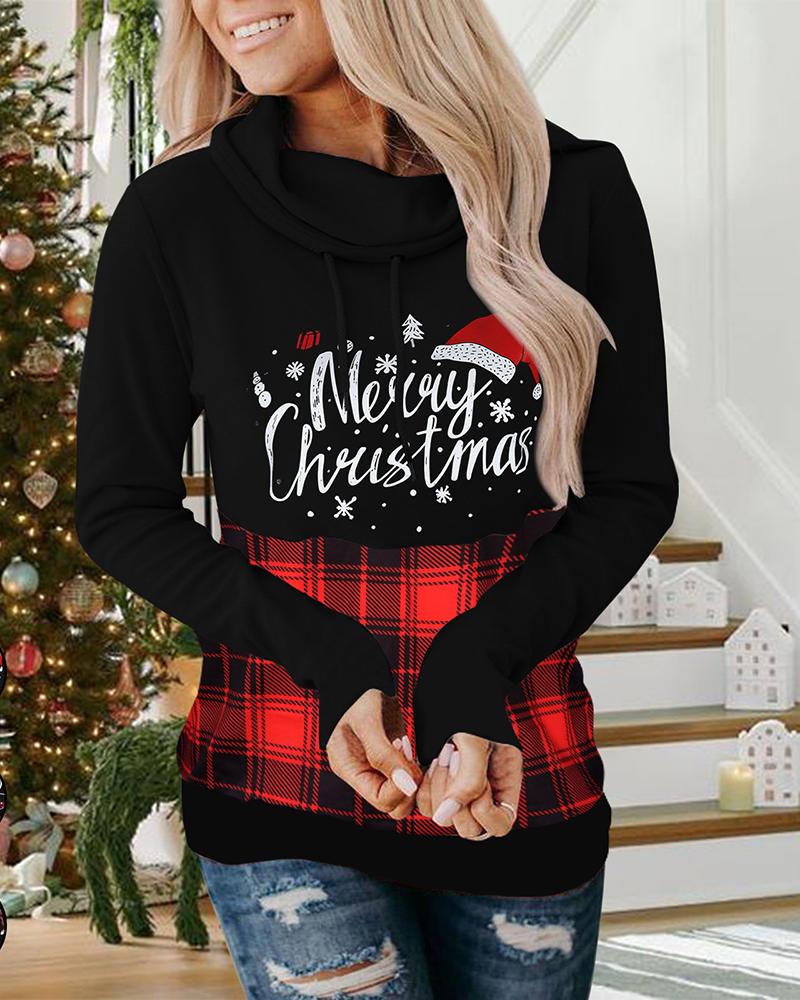 

Christmas Letter Plaid Print High Neck Sweatshirt, Red