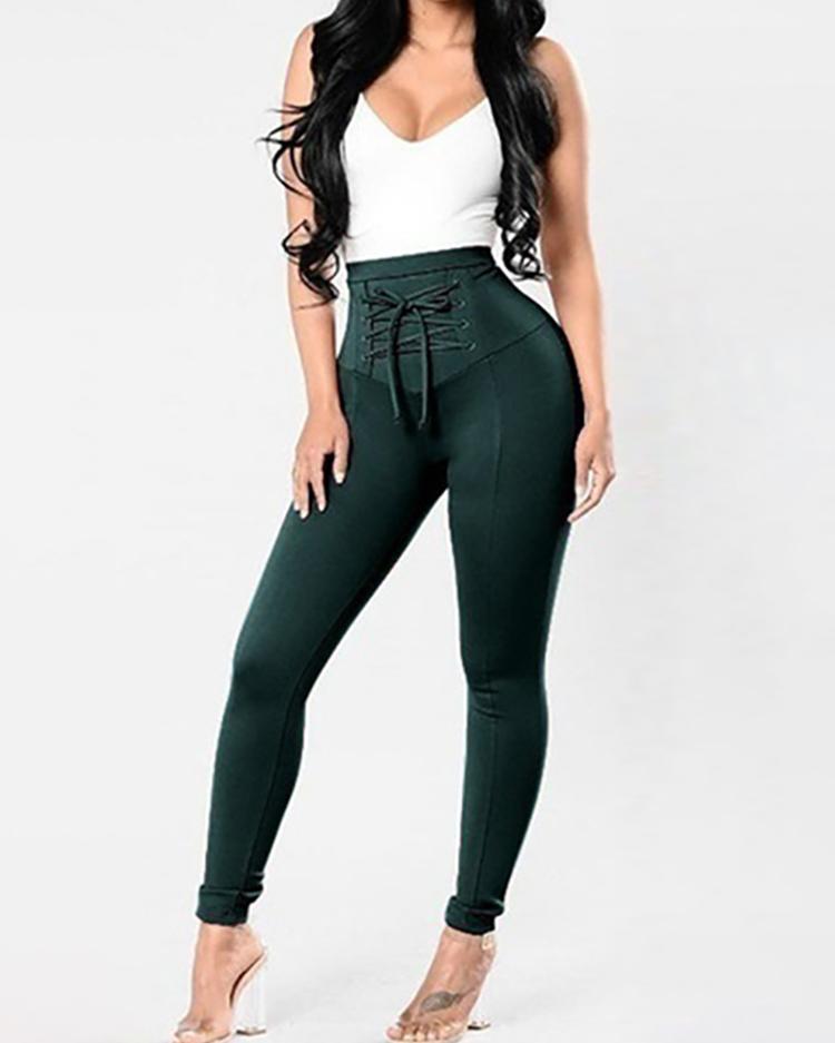 

Sexy Solid Lace-up Tied Waist Pencil Pants, Dark green