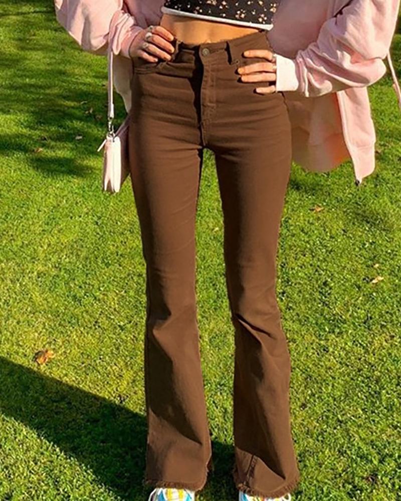 

High Waist Plain Flared Jeans, Brown