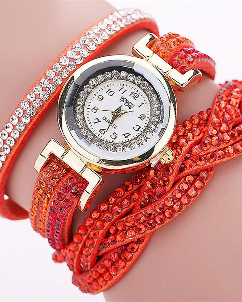 

1pc Allover Rhinestone Braided Bangle Quartz Watch, Orange