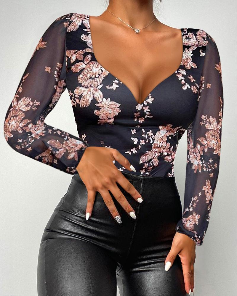 

Floral Print V Neck Sheer Mesh Long Sleeve Shirt Casual Slim Fit Blouse Top, Black