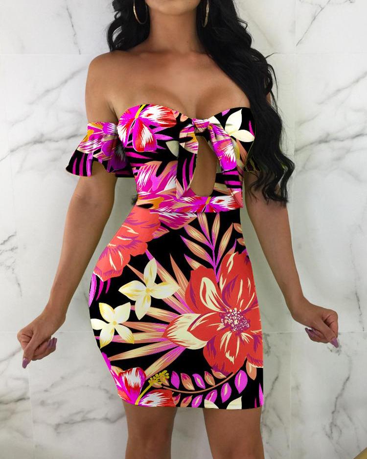 

Floral Print Off Shoulder Knot Front Bodycon Dress, Multicolor