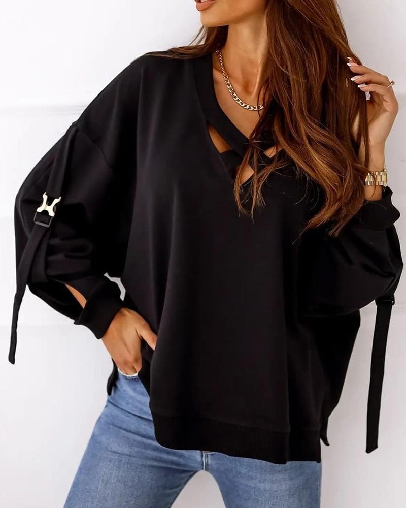 

Criss Cross Buckle Detail Drop Shoulder Sweatshirt, Black