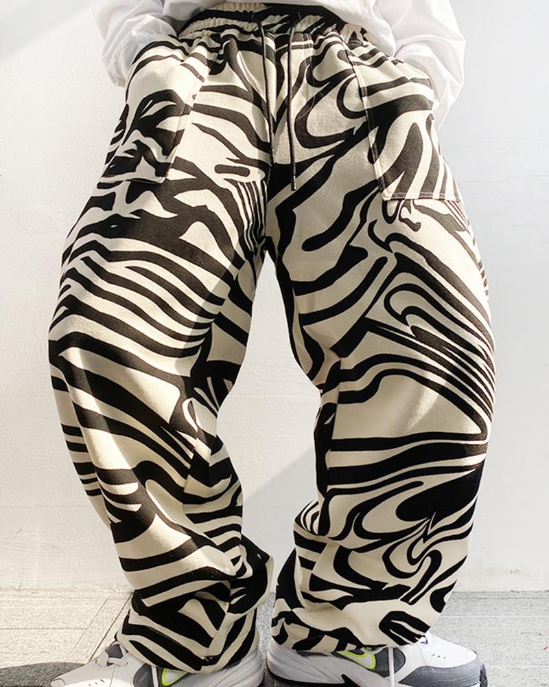 

Zebra Stripe Straight Baggy Wide Leg Pants, Black&white