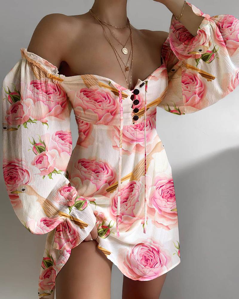 

Off Shoulder Lace-up Front Floral Print Dress, Pink