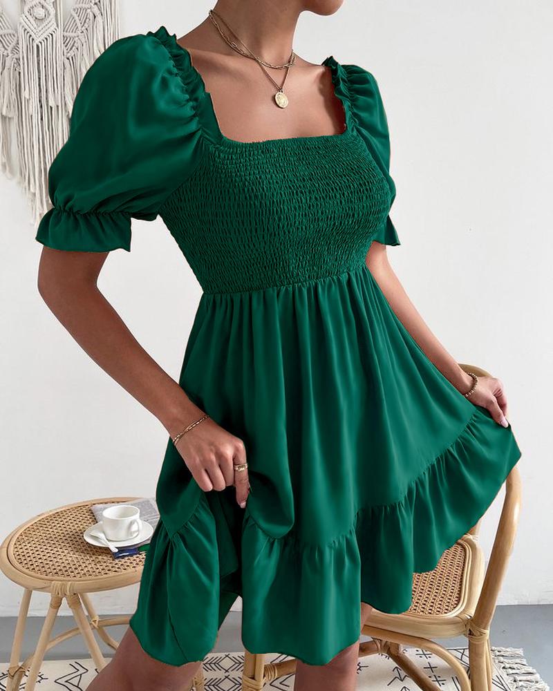 

Puff Sleeve Ruffle Hem Shirred Casual Dress, Green
