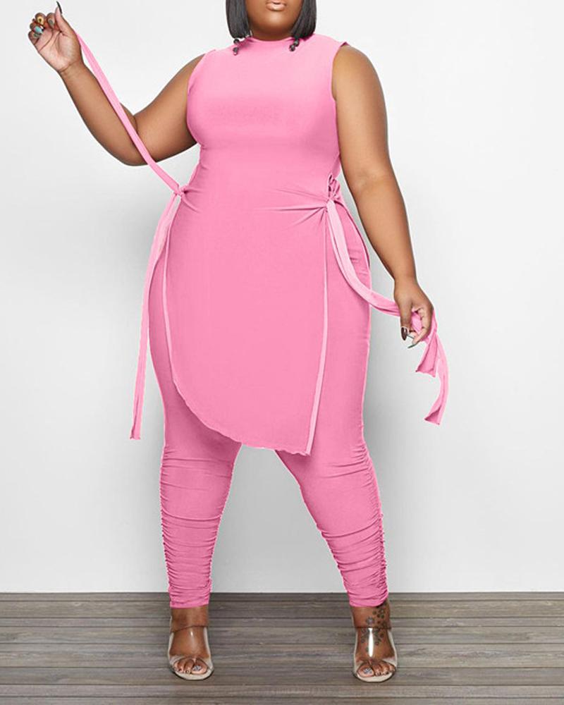 

Plus Size Tied Detail Asymmetrical Top & Ruched Pants Set, Pink