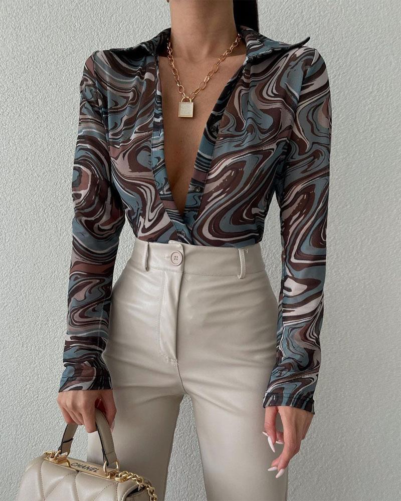 

Marble Print Long Sleeve Button Down Shirt, Blue