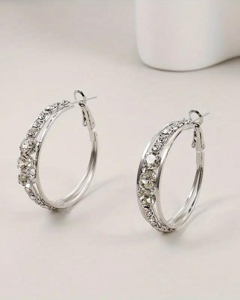 

1Pair Rhinestone Hollow Out Hoop Earrings, Silver