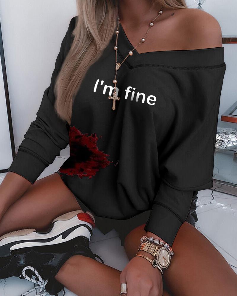 

Halloween Letter Blood Print Long Sleeve Casual Top, Black