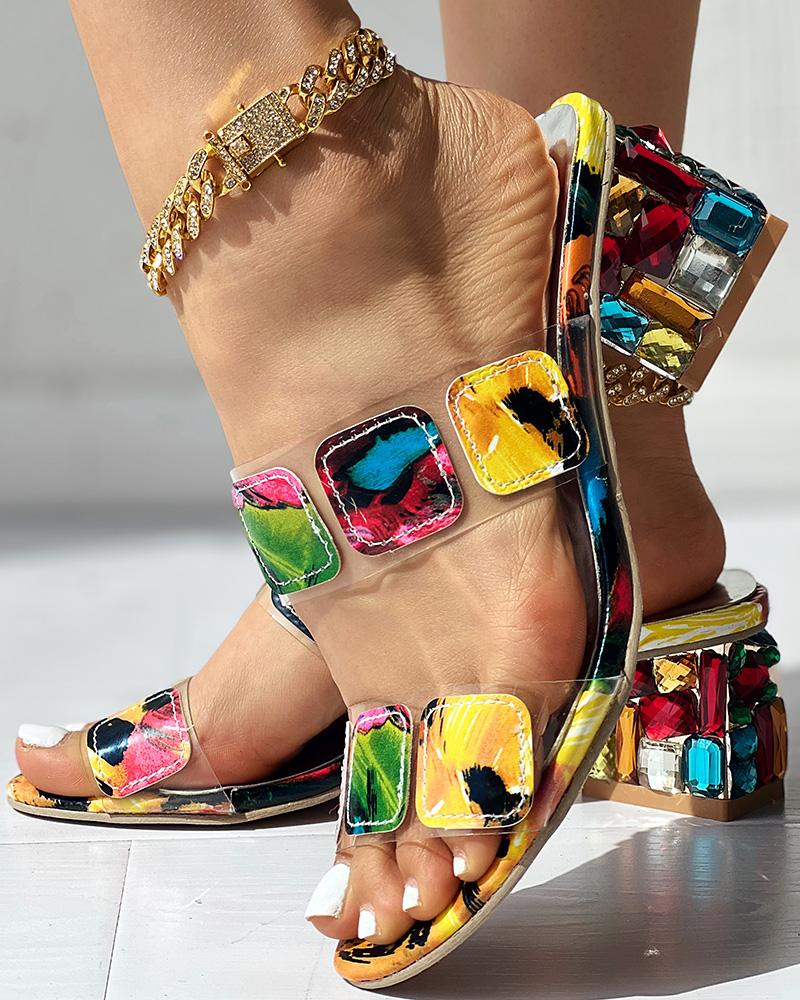 Colorful Geo Applique Chunky Heeled Sandals