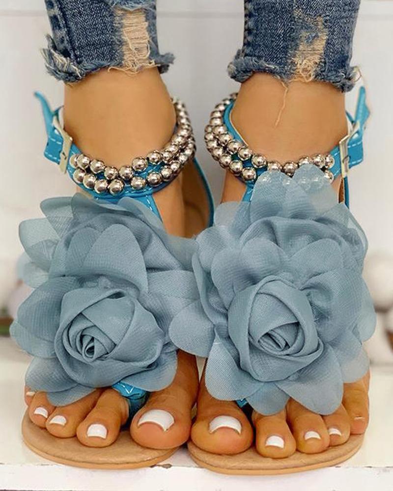 

Mesh Floral Embellished Beaded Flat Sandals, Blue