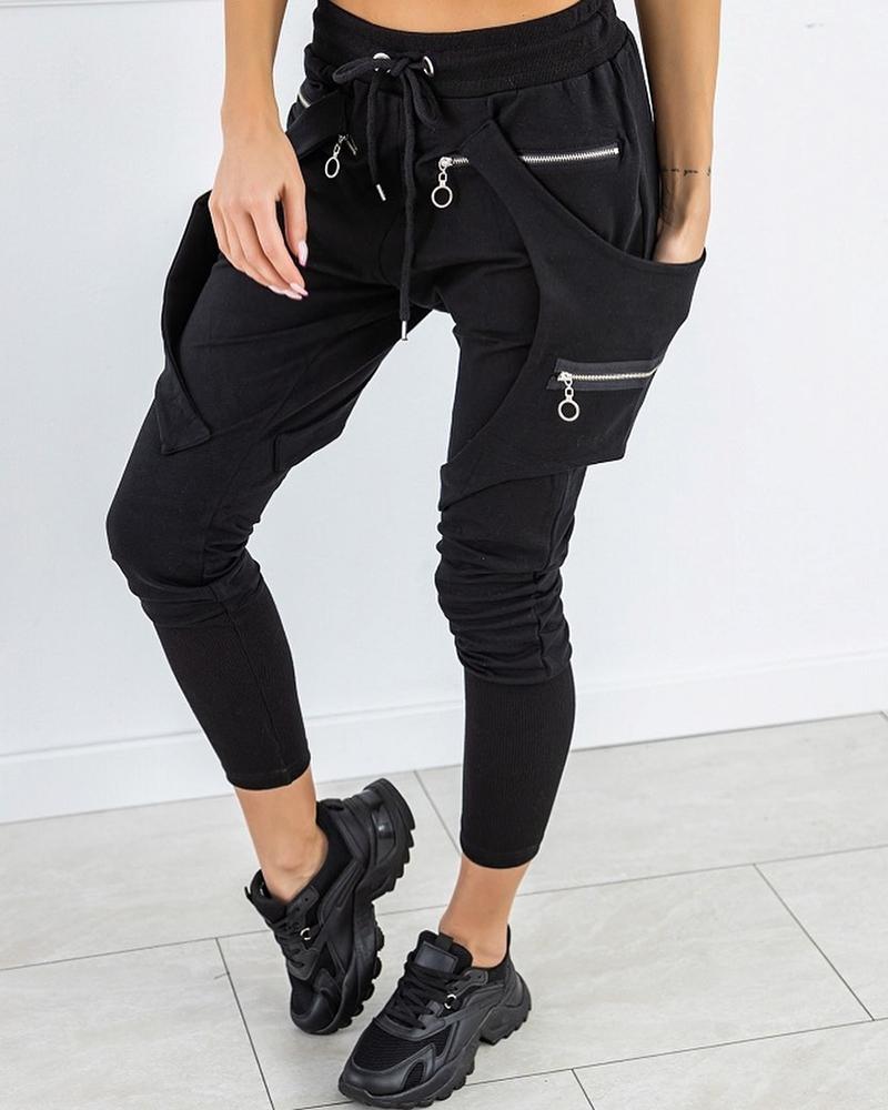 

Zipper Fake Pocket Drawstring Sweatpants, Black