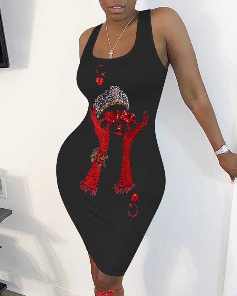 

Poker Figure Print Thick Strap Dress, Black
