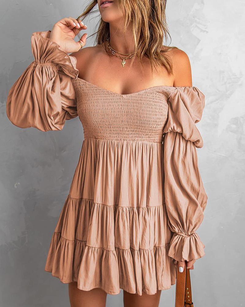 

Puff Lantern Sleeve Shirred Ruched Dress, Khaki