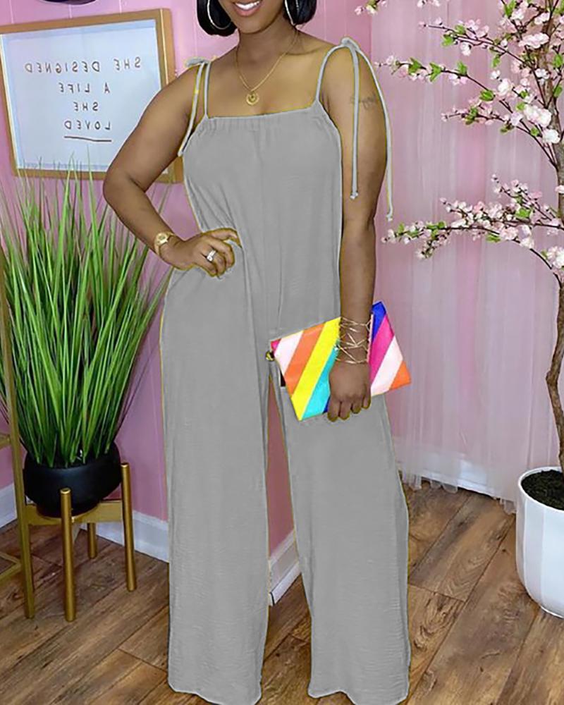 

Square Neck Tied Detail Casual Jumpsuit, Gray