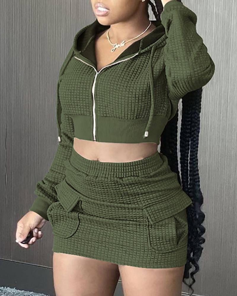 

Zipper Design Hooded Crop Sweatshirt & Skirt Set, Green