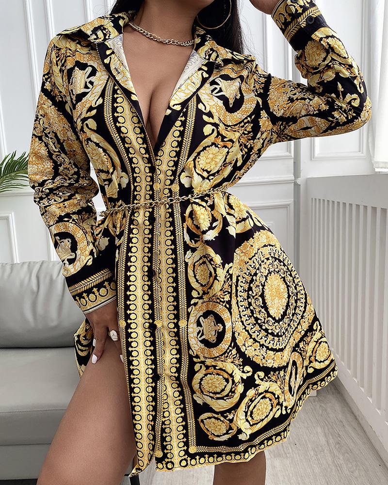 

Baroque Print Button Front Shirt Dress, Yellow