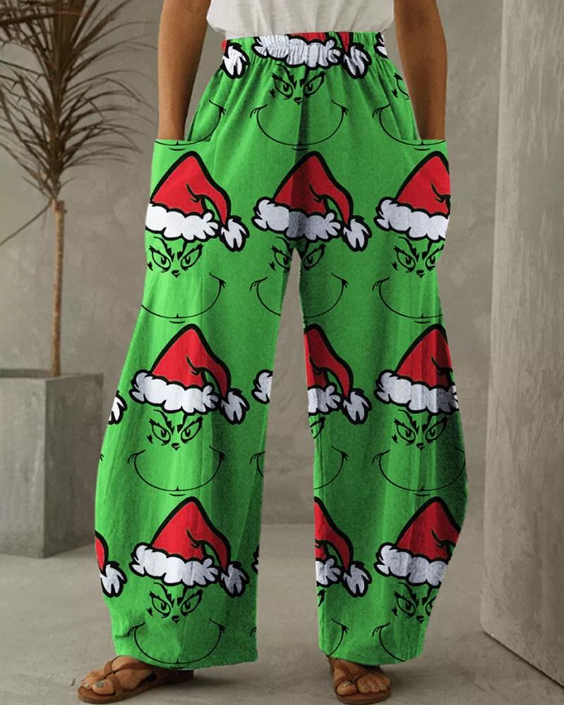 

Christmas Pocket Design Grinches Print Wide Leg Pants, Green
