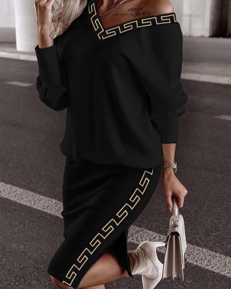 

Geo Trim Long Sleeve Top & Split Hem Skirt Set, Black