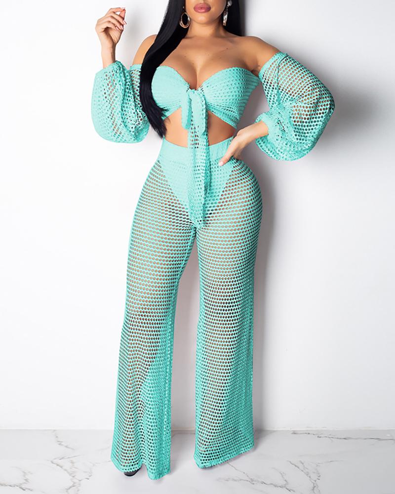 

Crochet Fishnet Tied Detail Top & Wide Leg Pants Set, Blue