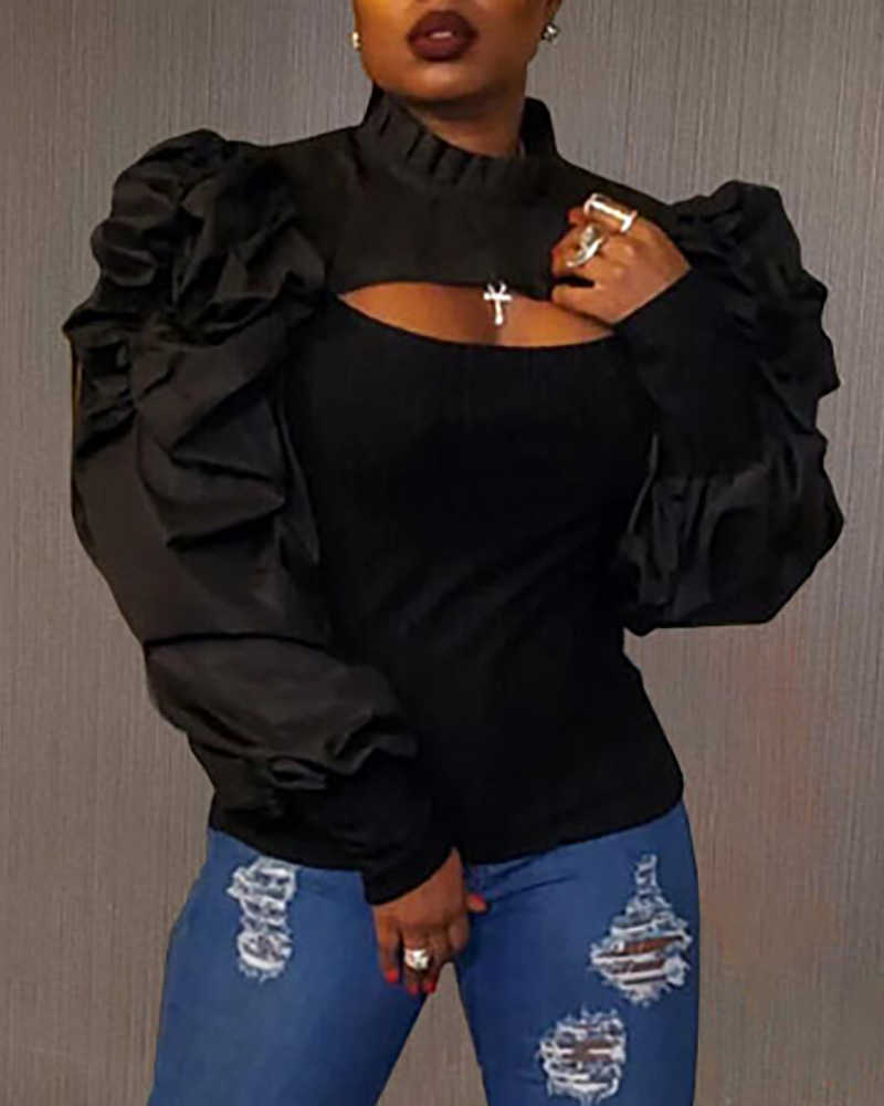 

Plain Puff Sleeve Cutout Top, Black