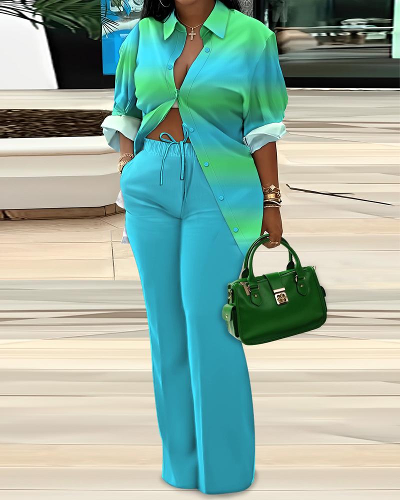 

Ombre Buttoned Top & Drawstring Pants Set, Blue