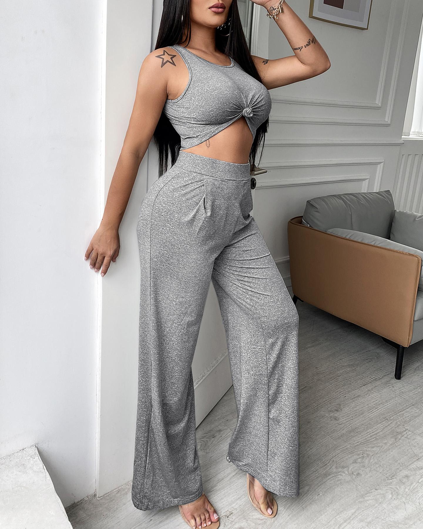 

Sleeveless Crop Top & High Waist Wide Leg Pants Set, Gray
