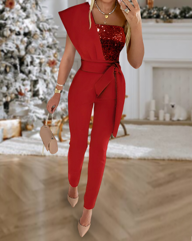 

Contrast Sequin One Shoulder Jumpsuit, Red