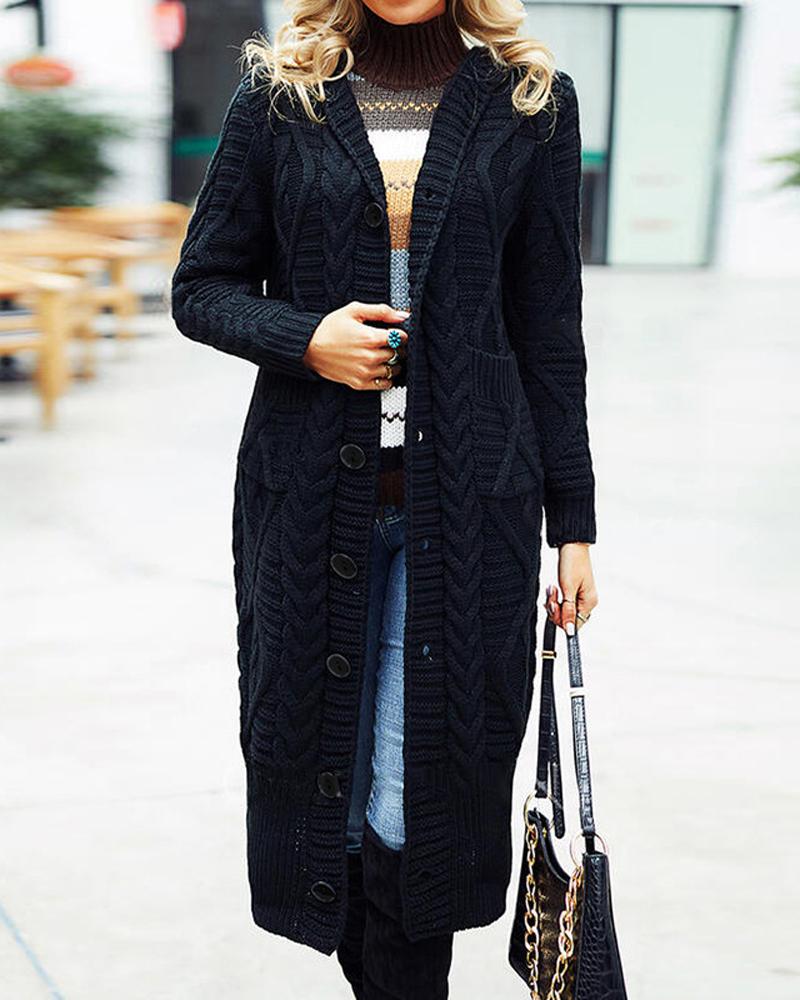 

Long Sleeve Button Front Cable Knit Cardigan, Black