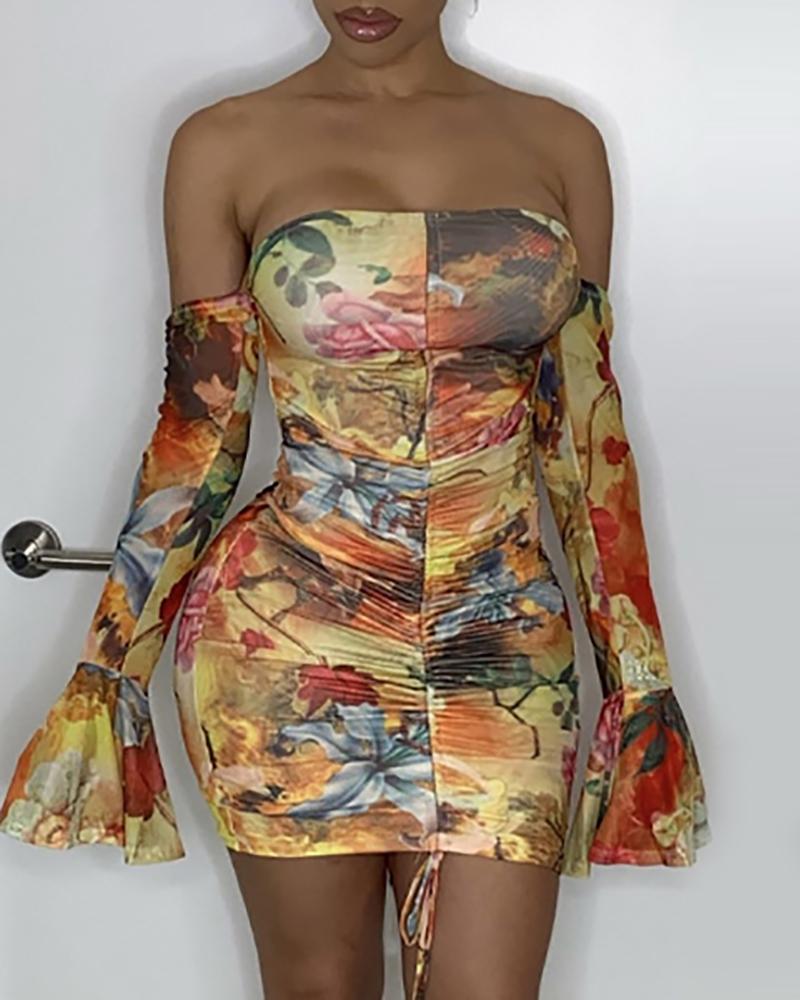

Floral Print Off Shoulder Bell Sleeve Bodycon Dress, Yellow