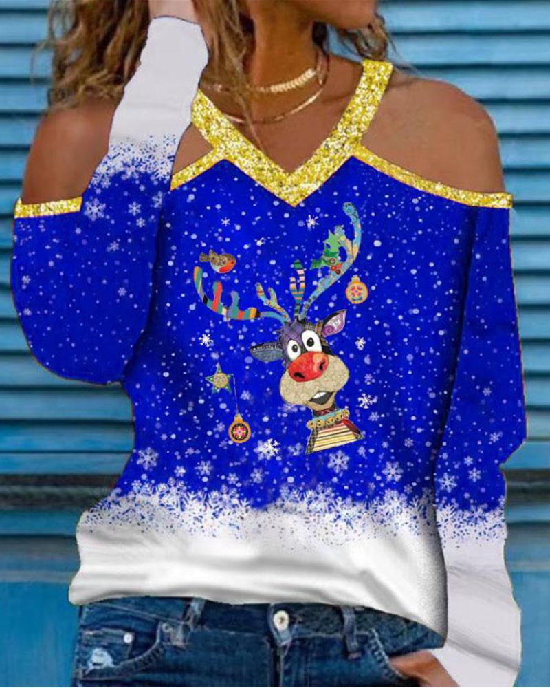 

Christmas Cartoon Elk Snowflake Print Cold Shoulder Top, Blue