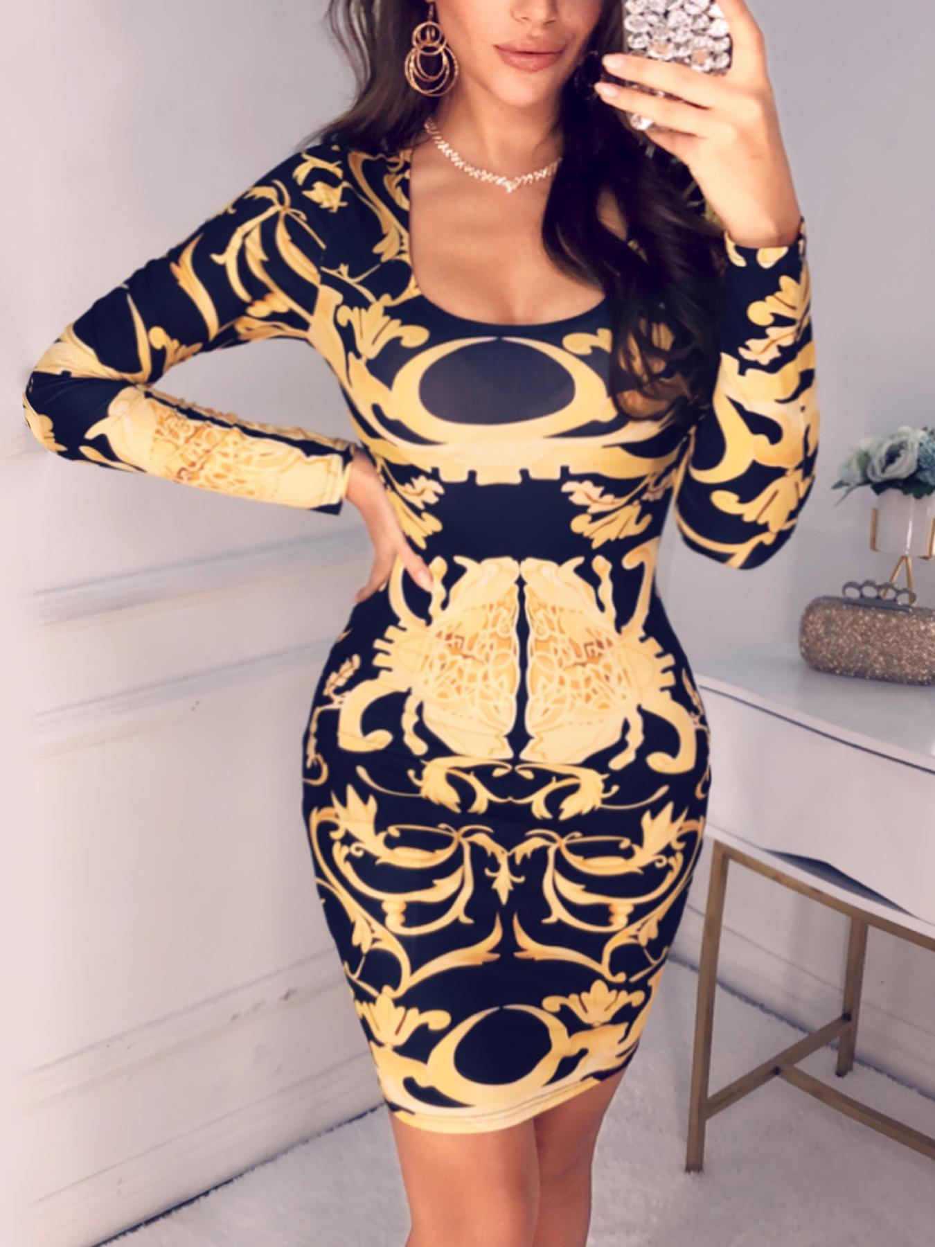 

Retro Print Bodycon Dress, Yellow