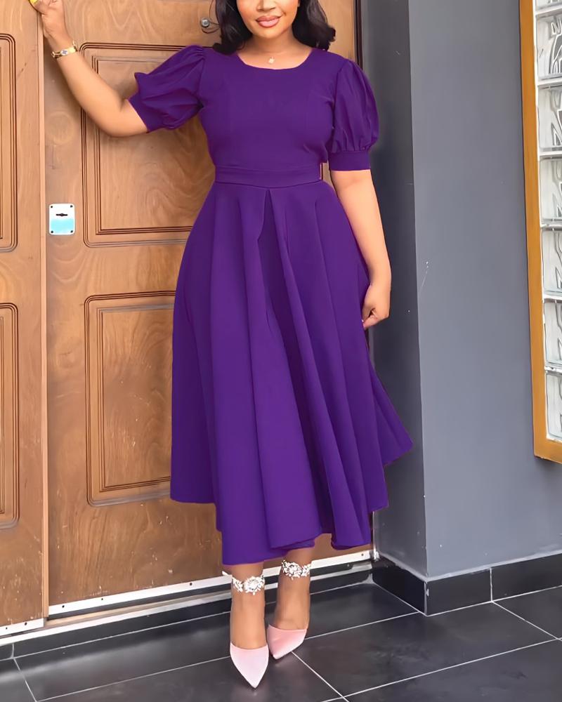 

Puff Sleeve Ruched Casual Dress, Purple
