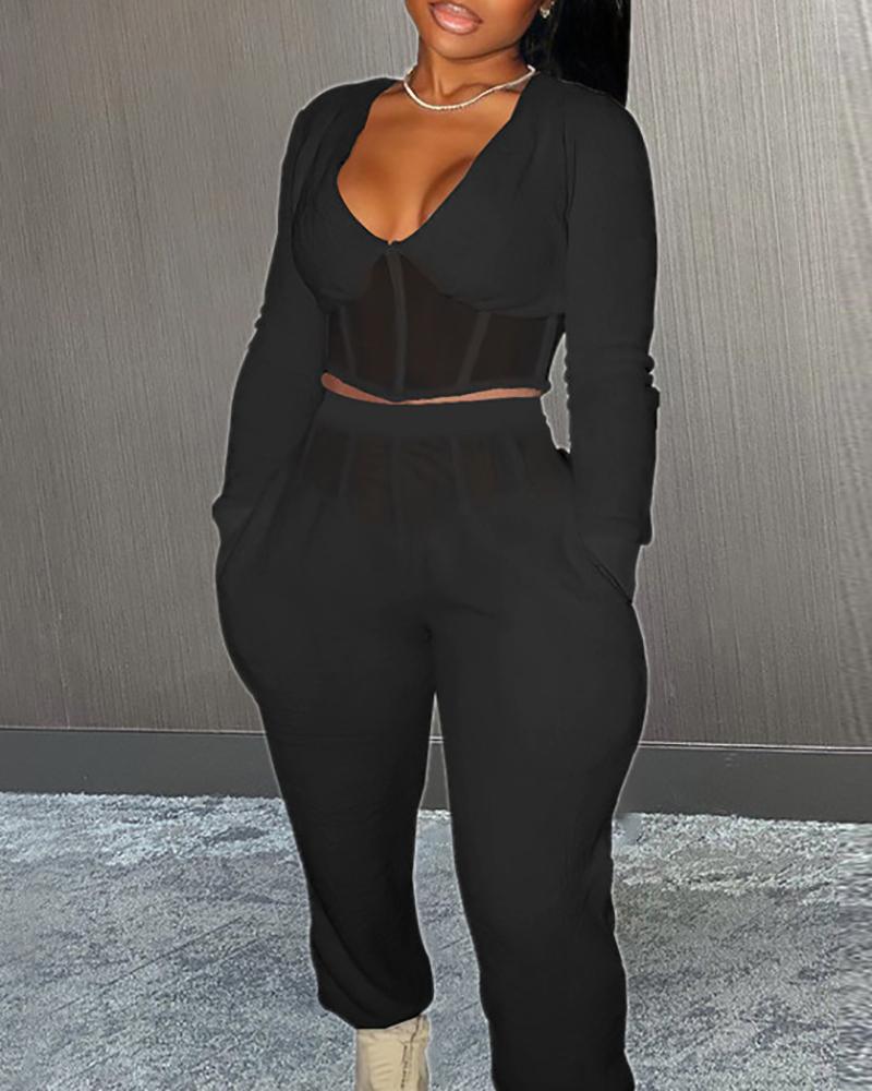 

V Neck Sheer Mesh Patch Crop Top & Pocket Design Pants Set, Black