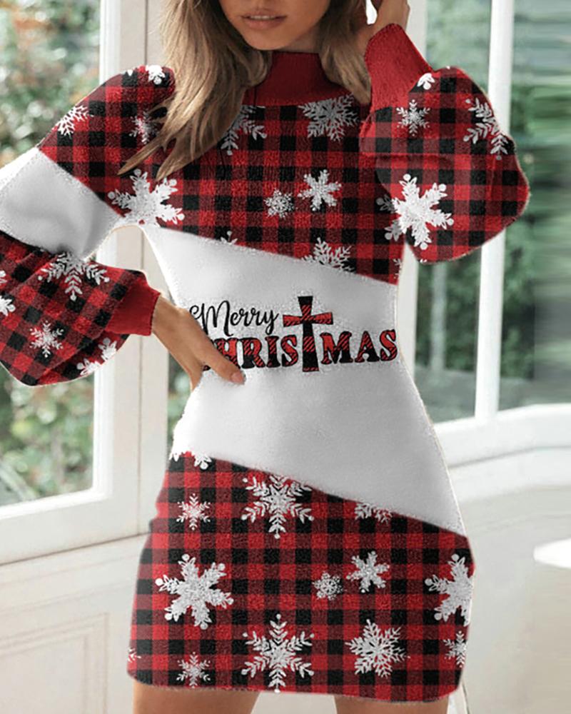 

Christmas Print Lantern Sleeve Plaid Sweater Dress, Red
