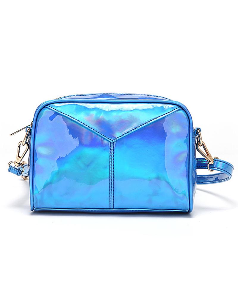 

Shiny Holographic Waterproof Zipper Square Cell Phone Change Shoulder Bag, Blue