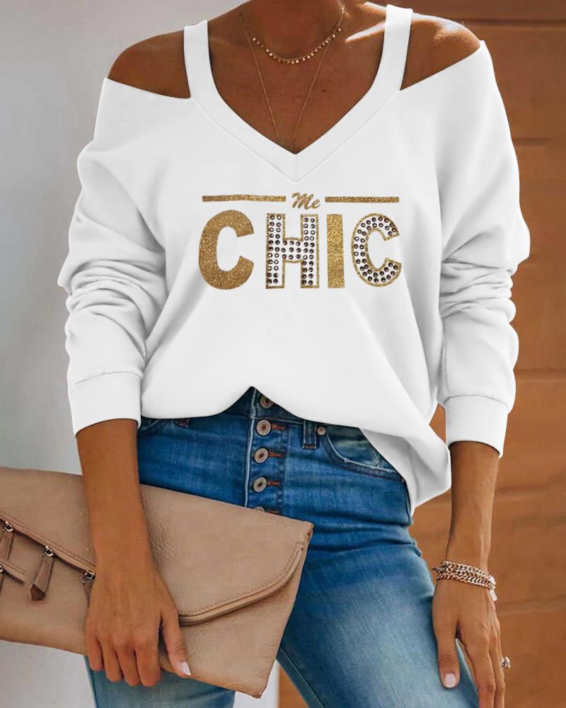 

ChicMe Cold Shoulder Letter Print Top, White