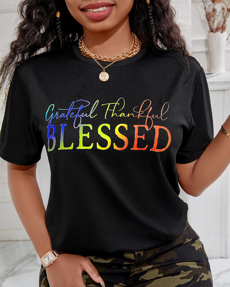 Grateful Thankful Blessed Ombre camiseta informal con estampado de letras