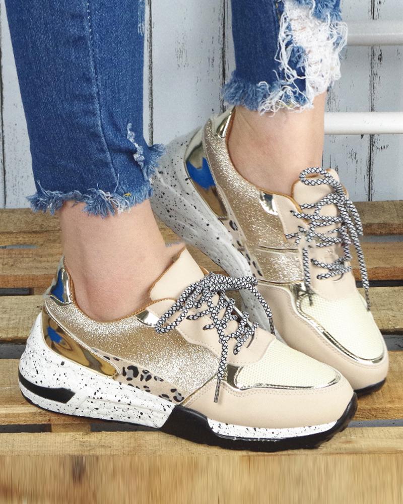 

Patchwork Round-toe Lace-up Sneakers, Gold