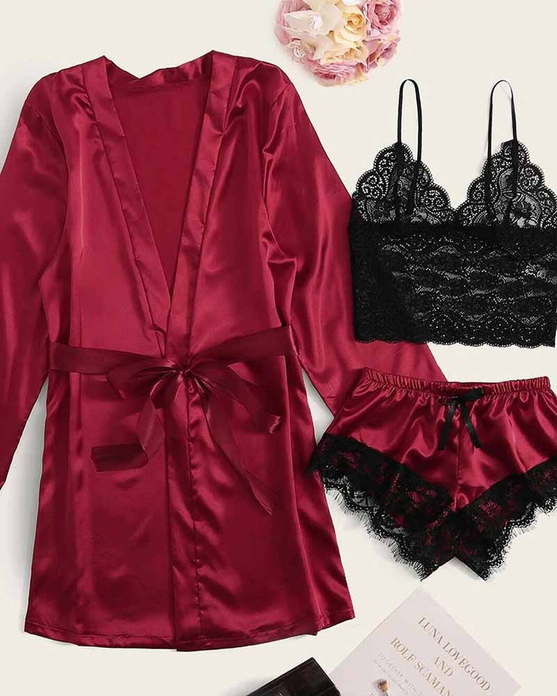 

Satin Eyelash Crochet Lace Cami Set With Robe, Wine red