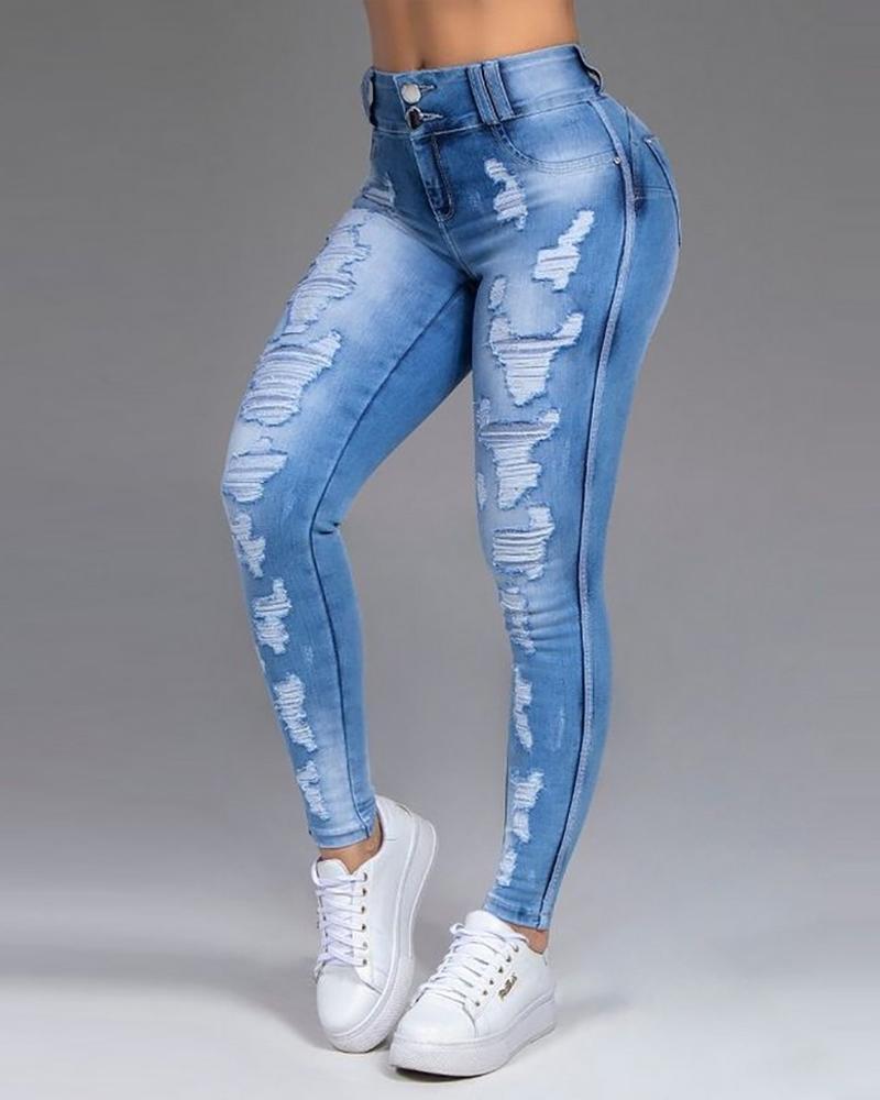 

Ripped Single Button High Waist Jeans, Blue