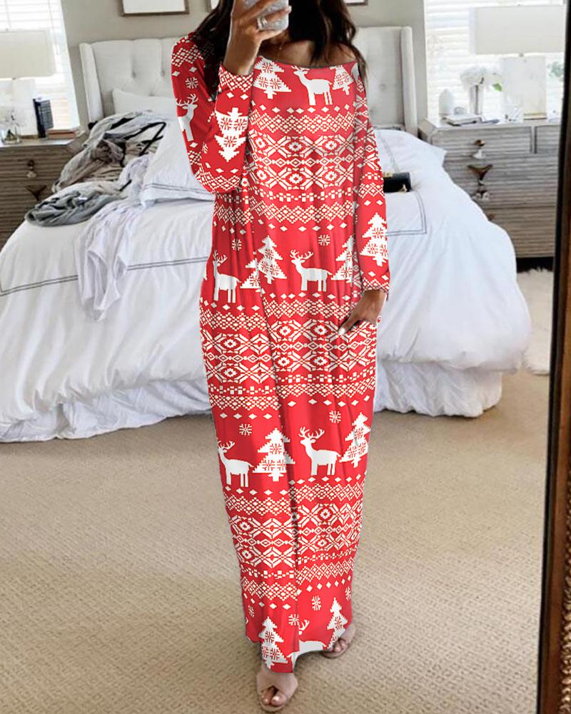 

Christmas Print Pocket Design Casual Dress, Red