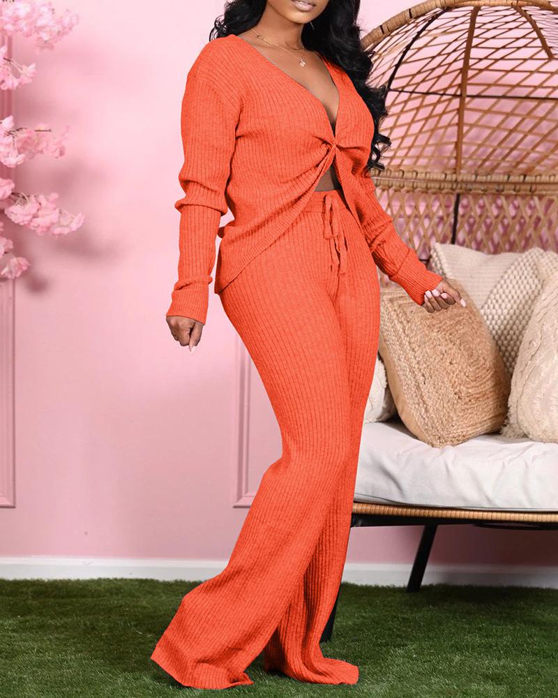 

Twisted Ribbed Long Sleeve Top & Bootcut Pants Set, Orange