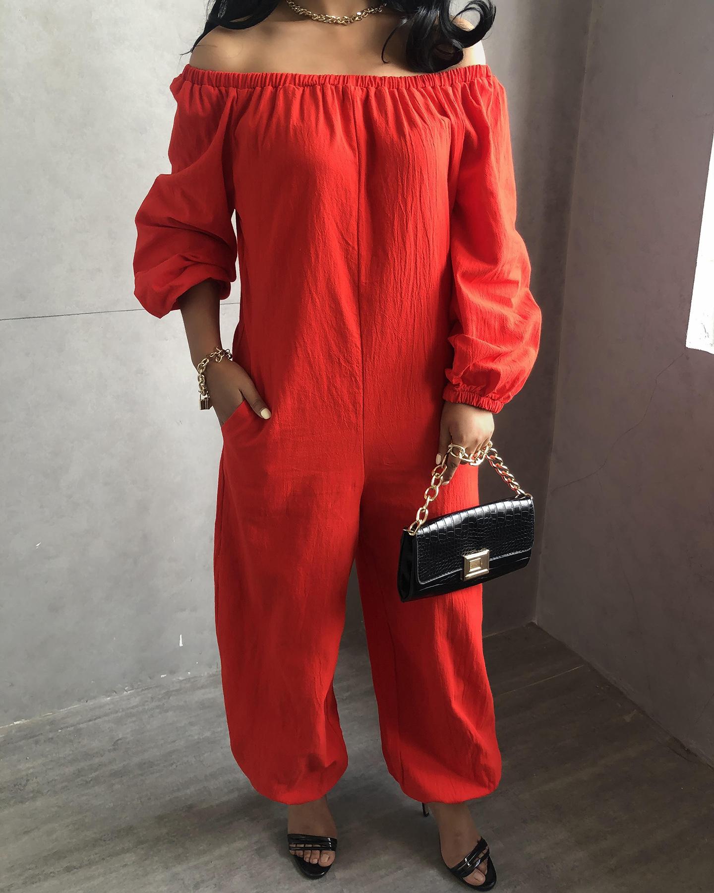 

Off Shoulder Pocket Design Lantern Sleeve Jumpsuit, Red