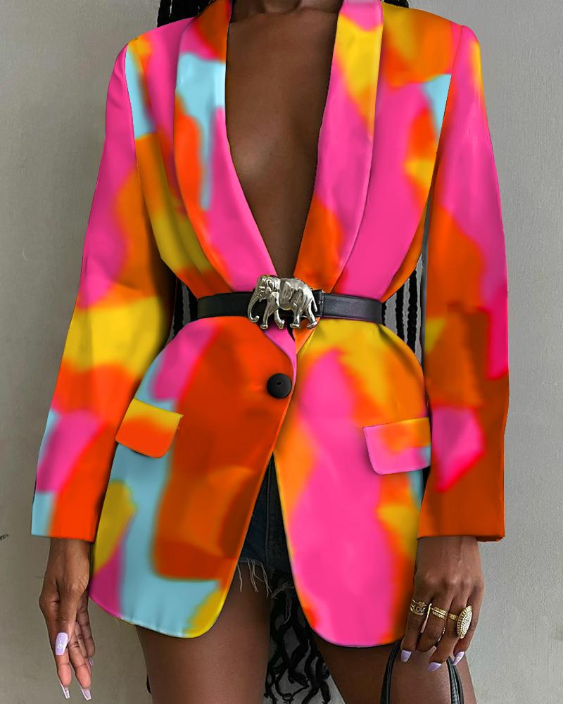 

Tie Dye Shawl Collar Flap Detail Single Button Blazer, Hot pink