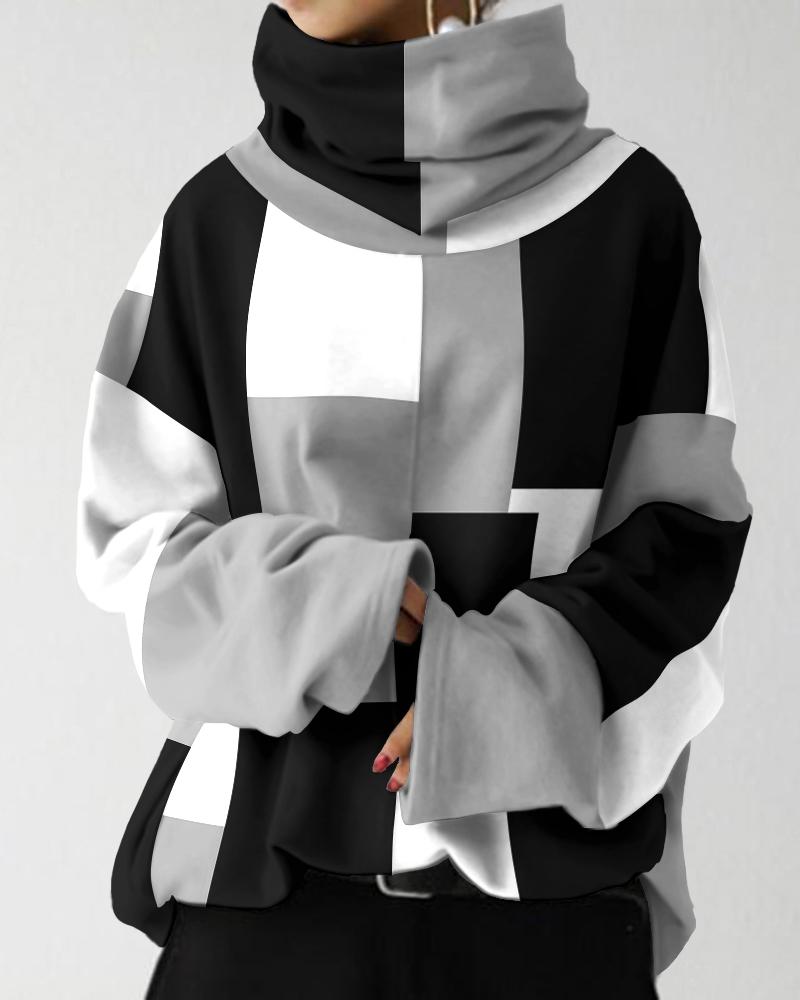 

Geometric Print Long Sleeve High Neck Top, Black