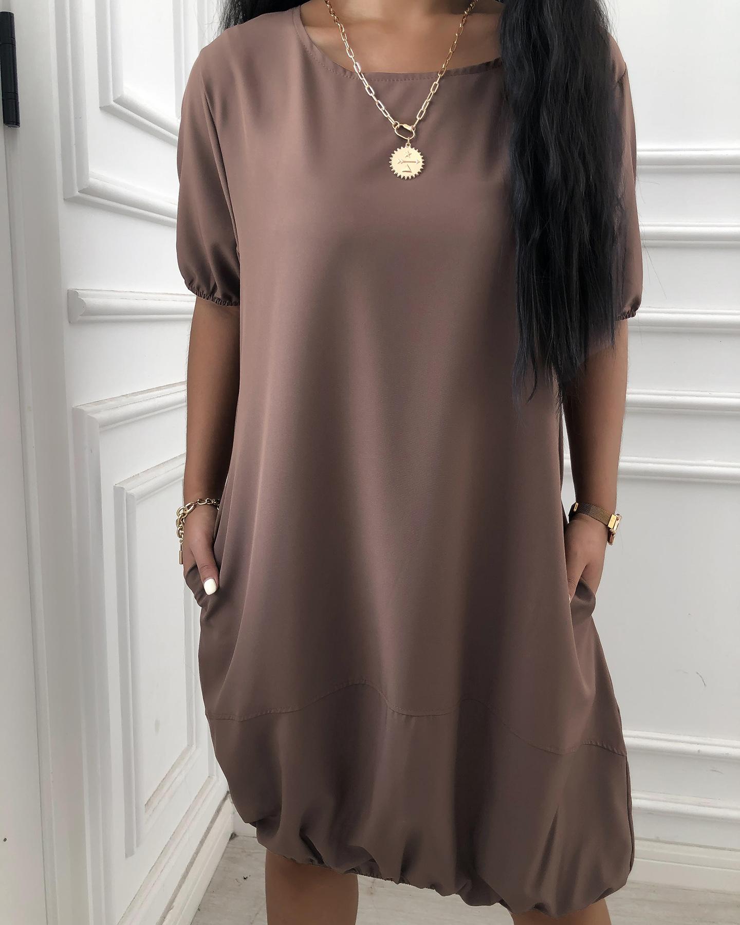 

Puffed Sleeve Ruched Casual T-shirt Dress, Coffee