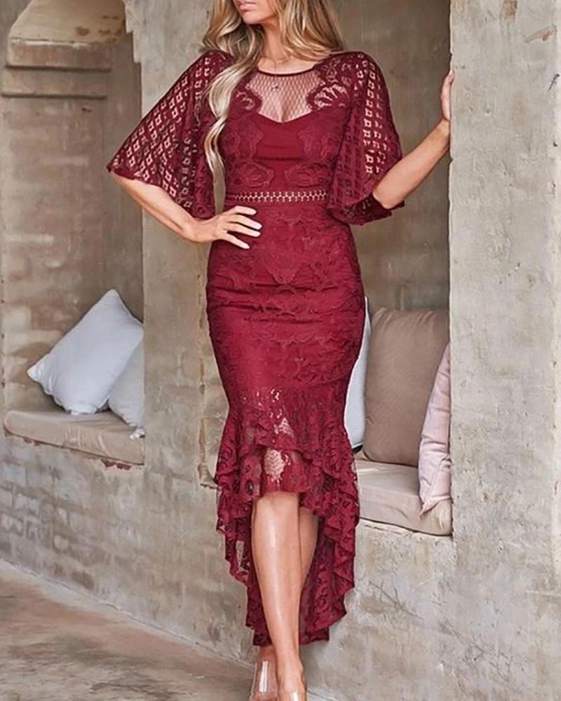 

Flutter Sleeve Crochet Lace Layered Mermaid Evening Dress, Wine red